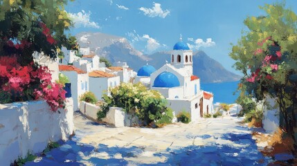 Greek Island Village Landscape Painting