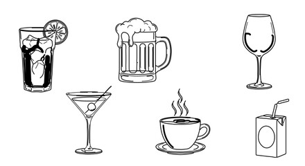 Collection of various beverages, including cocktails, beer, wine, coffee, juice