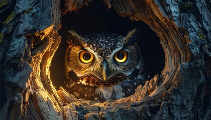 An owl peering out from within a tree trunk