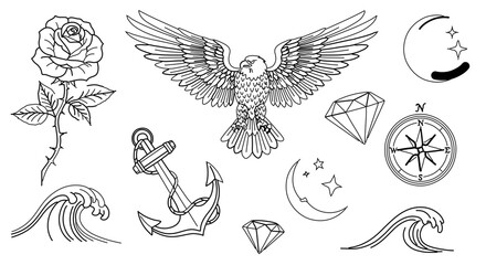 Collection of tattoo designs featuring rose, eagle, anchor, moon, diamond, and compass