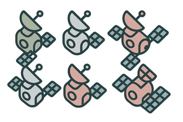 Set of communication satellite icons featuring dish antenna and solar panels
