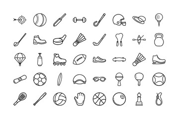 Sports Equipment Line Icon Set – Vector Illustration of Fitness, Game, and Outdoor Activity Symbols Including Ball, Bat, Dumbbell, Helmet, Skateboard, Badminton, Football, Tennis, and Chess