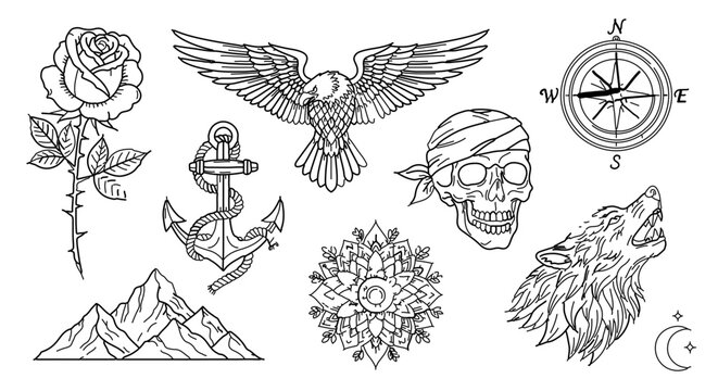 Collection of various tattoo elements, including rose, eagle, skull, and compass