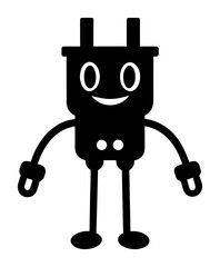 Vector art of cute cartoon black electric plug character with arms and legs, smiling and standing