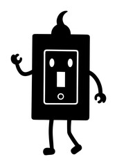 Vector art of a playful black silhouette of a switch character with a face and arms, isolated a, representing electricity, power, and control in a fun, animated style