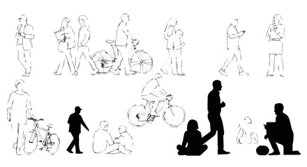 Group of people in various activities, hand drawn sketch, black and white