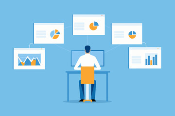 Man working at desk with multiple screens displaying various financial charts and graphs illustrating data analysis