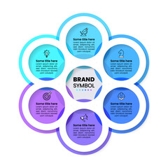 Infographic template. 6 connected circles with icons and text