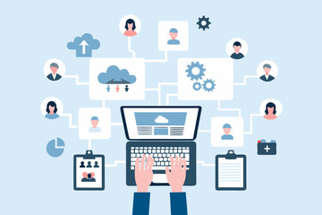 Illustration of a connected network of people and cloud services managed by a laptop user