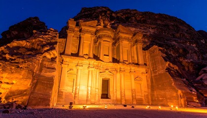 Ancient building carved into cliff face, illuminated at dusk