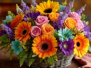 Fototapeta premium Vibrant, beautifully lit photograph of a colorful flower arrangement in a woven basket, featuring sunflowers, gerberas, and pink roses.