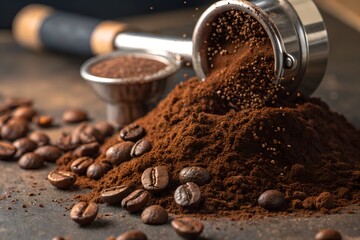 Freshly ground coffee powder spills from a metal portafilter, forming a rich brown pile with roasted coffee beans scattered nearby for brewing espresso.