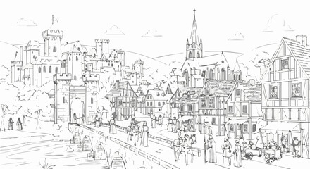 Obraz premium Detailed line art illustration of a medieval town with castle, church, and bustling market scene