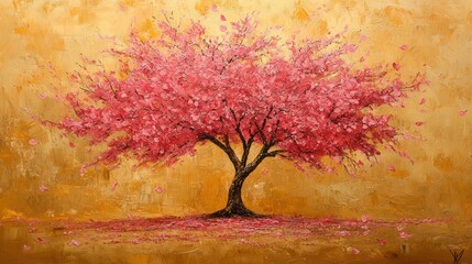 Pink Cherry Blossom Tree on Golden Background, Artistic Impression