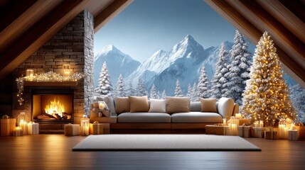 Cozy winter cabin living room with fireplace and snowy mountain view in the background