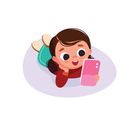 Child girl lying down chatting, messaging using smartphone, gadget, communicating through social network, social media. Digital addiction, social media dependence. Kid watching videos on internet 