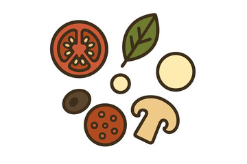 Fresh pizza ingredients assortment: tomato, basil, mushroom, and pepperoni slices