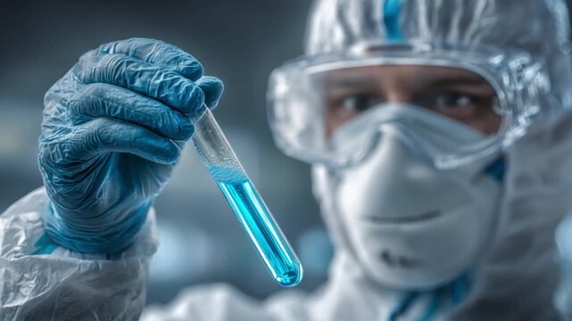 Scientific Discovery: A scientist in a protective suit meticulously examines a test tube filled with a vibrant blue liquid, capturing the essence of scientific exploration and innovation.