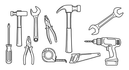 Hand drawn set of construction tools, including hammer, wrench, pliers and drill