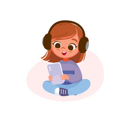 Child girl wearing gadget headset sitting in lotus pose, listening music, streaming, holding smartphone in hands. Kid searching, surfing, and watching the internet using a gadget. Child browsing data.