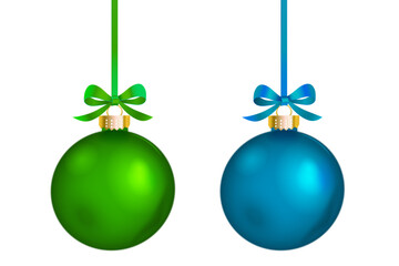 Vector realistic green and blue christmas ball ornament with elegant long bow on transparent background.