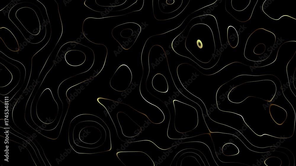 Wall mural abstract black background with wavy gold lines motion. flat layout with smooth lines on black backgr