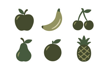 Stylized collection of six common and tropical fruits including apple banana and pineapple