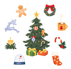 Christmas tree with Christmas presents gifts around the tree, Merry Christmas greeting card. Tree with gingerbread man, Christmas wreath, marshmallow, stockings, candle, snow globe arranged around