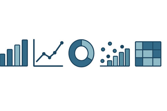 Set of blue business data visualization icons including charts and graphs