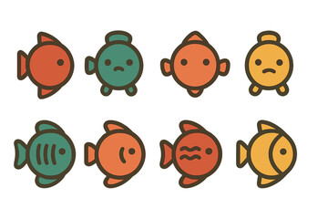 Eight stylized aquatic animal icons displaying various emotions and expressions