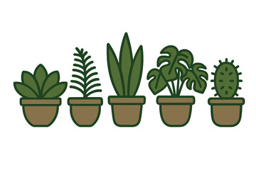 Obraz premium Collection of popular indoor houseplants including succulent, fern, snake plant, monstera, and cactus in brown pots