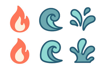 Naklejka premium Abstract graphic symbols representing essential natural elements like fire, waves, and water splashes