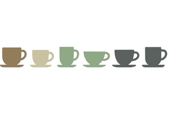 Row of six minimalist coffee cups and saucers in muted earth tone colors