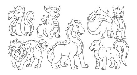 Set of cute cartoon dragons, coloring page for kids and adults, line art
