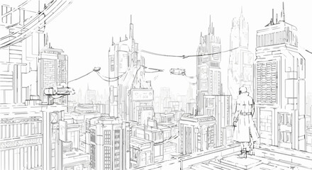 Naklejka premium Sketch of a futuristic city with tall buildings and flying vehicles