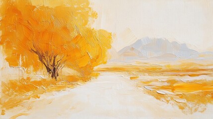 Autumn landscape, painted road, orange trees, soft mountains.  Possible use Stock photo for nature, autumn, or art theme