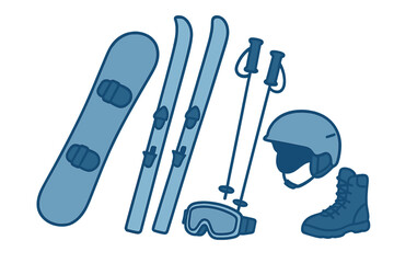 Essential winter sports equipment set featuring skis snowboard poles helmet goggles and boot