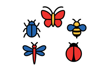 Vibrant set of simple insects: butterfly, bee, ladybug, dragonfly, and beetle