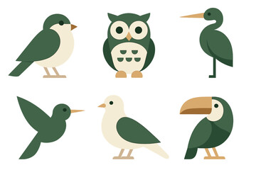 Six stylized flat design bird icons including owl, toucan, hummingbird, and heron