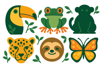 Fototapeta premium Colorful collection of tropical rainforest wildlife icons in flat graphic style