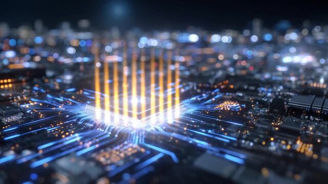 Explore the intricate cybernetic aesthetic of a microchip's surface, featuring a glowing AI core and neon-lit data paths in an extreme close-up.