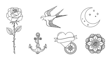 Collection of classic tattoo designs, including rose, swallow, moon, anchor, heart, and mandala