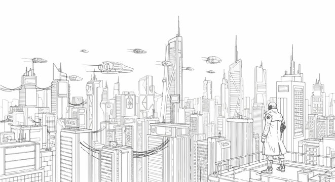 Futuristic city skyline with flying vehicles in black and white vector art - Powered by Adobe