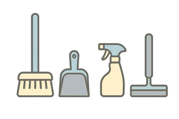 Set of essential cleaning supplies icons featuring a broom, dustpan, spray bottle, and floor squeegee
