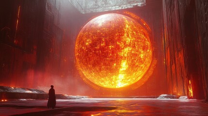Vast hall, fiery sphere, dark figure, futuristic temple
