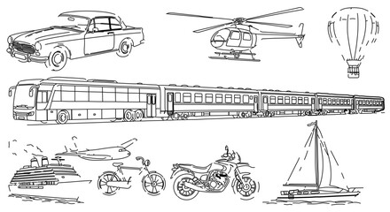 Obraz premium Collection of transportation vehicles in a line art style including car, train, and plane