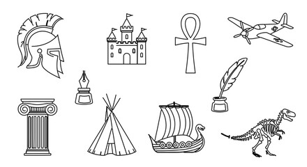 Collection of historical and cultural symbols, representing diverse eras and cultures