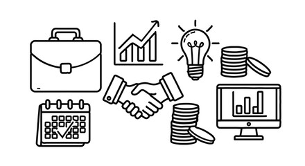 Business and finance outline icons including briefcase, graph, lightbulb, handshake