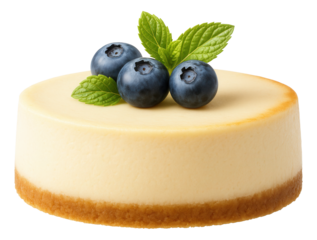 Creamy cheesecake topped with fresh blueberries and mint leaves on a golden biscuit crust.