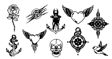 Tattoo art collection, featuring classic and edgy designs for body art enthusiasts